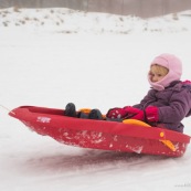 Luge dans les Cevennes (l'Esperou proche du mont Aigoual) en famille : bebe enfant petite fille parents et grand-parents.  Grand pere garnd mere. Neige.